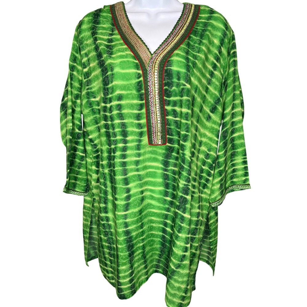 Womens Green Tie Dye Shisha Embroidered Mirror Kurta Tunic XL Boho Resort Ethnic